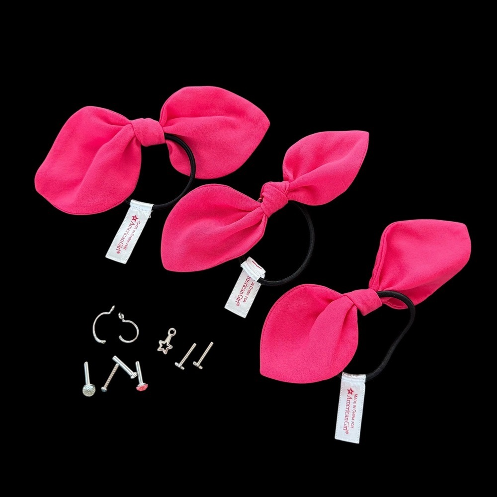 American Girl Doll Hair Bow and Accessories Set Bright Pink Star Charms earrings